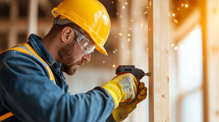 A male worker in a yellow hard hat and safety gear uses a power drill on a wooden structure, showcasing his focus and craftsmanship on the job site.
