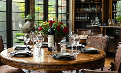 Elegant dining table set with wine and floral centerpiece.