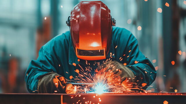 A skilled welder working on a metal piece, creating sparks as they fuse materials together with precision in an industrial setting.