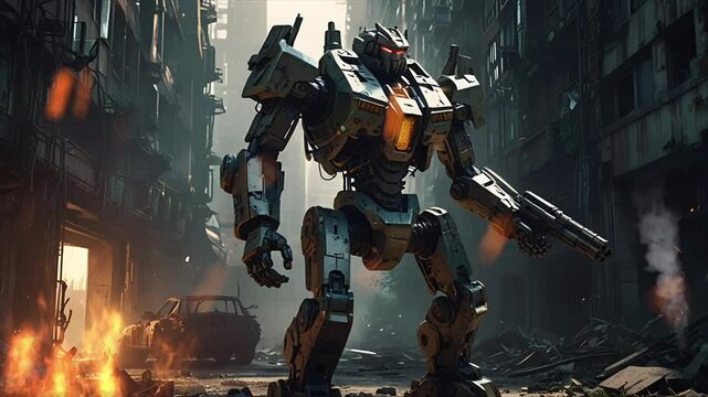 A large robot machine in a ruined city. Seamless 4K looping timelapse video animation background