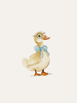 Watercolor silly goose illustration poster kids nursery print baby bow ribbon funny cute