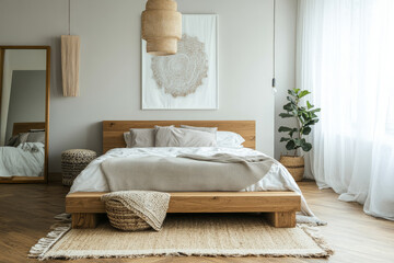 A cozy bedroom featuring wooden bed frame, soft bedding, and natural decor elements. warm tones and textures create serene atmosphere, perfect for relaxation