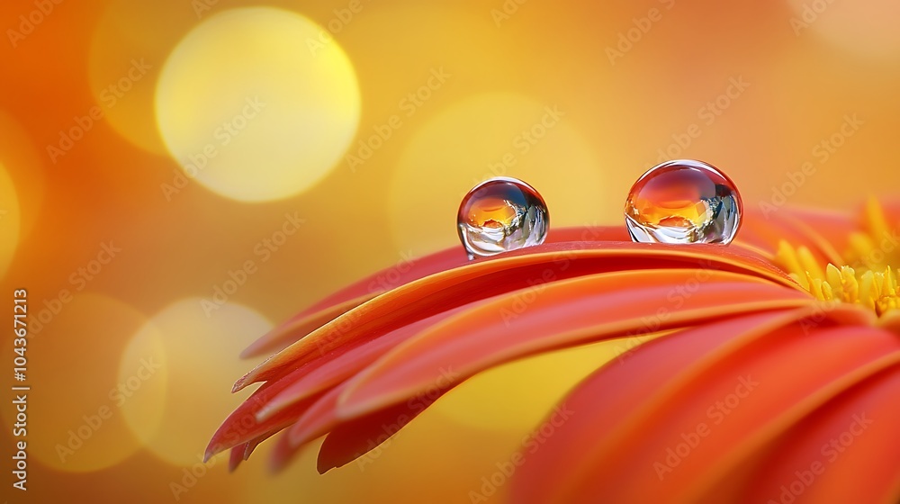 Poster a dramatic close-up of a raindrop rolling off a petal, captured in stunning detail with a smooth, bo