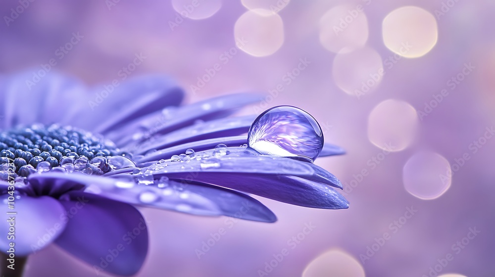 Poster a dramatic close-up of a raindrop rolling off a petal, captured in stunning detail with a smooth, bo