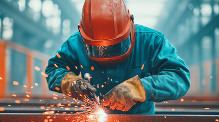 A skilled worker performing welding in a factory, sparks flying, showcasing industrial craftsmanship and safety measures like helmet and gloves.