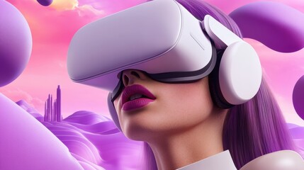 Fototapeta premium Woman immersed in a vibrant virtual reality world with futuristic headset, AI