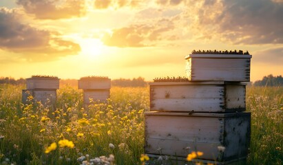 Honey bee hives in the field at sunset. Wooden beehive boxes with bees on top. Banner format.