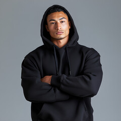 A male model wearing an hoodie stands with his arms crossed against a gray background, Generative AI