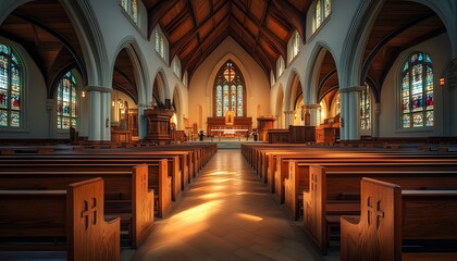 Fototapeta premium A beautiful church interior with wooden pews and stained glass windows, bathed in warm sunlight streaming through the tall arched ceilings.