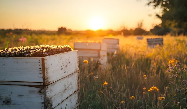 Honey bee hives in the field at sunset. Wooden beehive boxes with bees on top. Banner format.