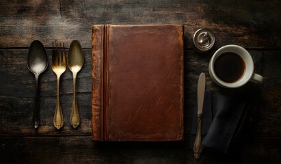 A leather-bound book sits on the table, accompanied by coffee and cutlery, serving as a mockup template for a menu or restaurant equipment.