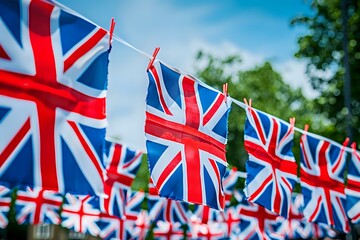 A vibrant display of British flags hanging in a festive outdoor setting.