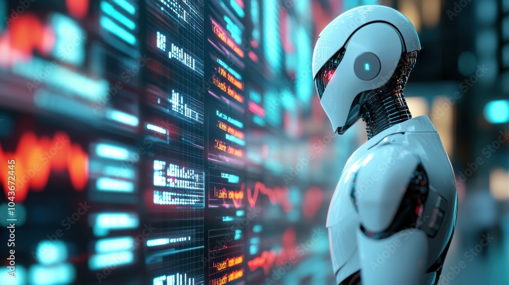 Poster ai robot analyzing data on a digital screen in a futuristic setting, ai