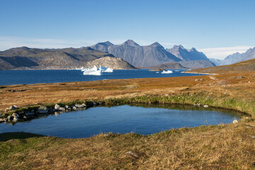 View of montains and icebergs from Uunartoq island (South Greenland) © julen
