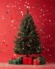 A festive Christmas tree adorned with ornaments stands against vibrant red backdrop, surrounded by colorful presents and shower of confetti, creating joyful holiday atmosphere