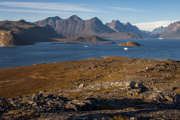 View of montains and icebergs from Uunartoq island (South Greenland)