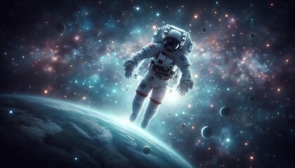 An astronaut drifts gracefully in outer space, surrounded by stars and distant planets, with Earth's horizon faintly visible. A serene, captivating scene depicting exploration beyond our planet.