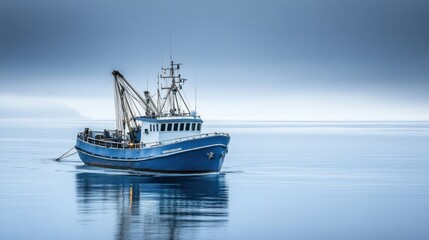 A blue fishing boat glides through calm waters under a misty sky.