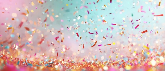 Colorful confetti falling on vibrant background, festive celebration vibe.