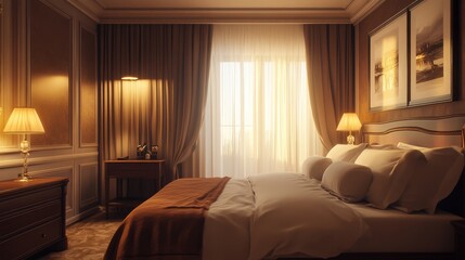 An expensive hotel room with soft pillows and warm lighting