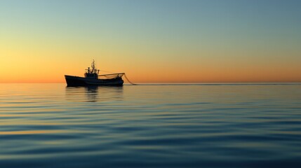 Obraz premium A serene fishing boat at sunset on calm waters, evoking tranquility and solitude.