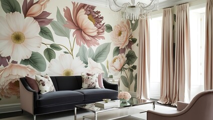 Charming living room featuring colorful wallpaper and chic design