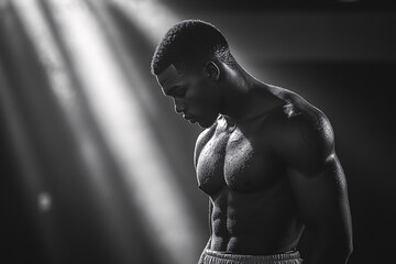 black and white dramatic portrait of a shirtless muscular man with sweaty skin