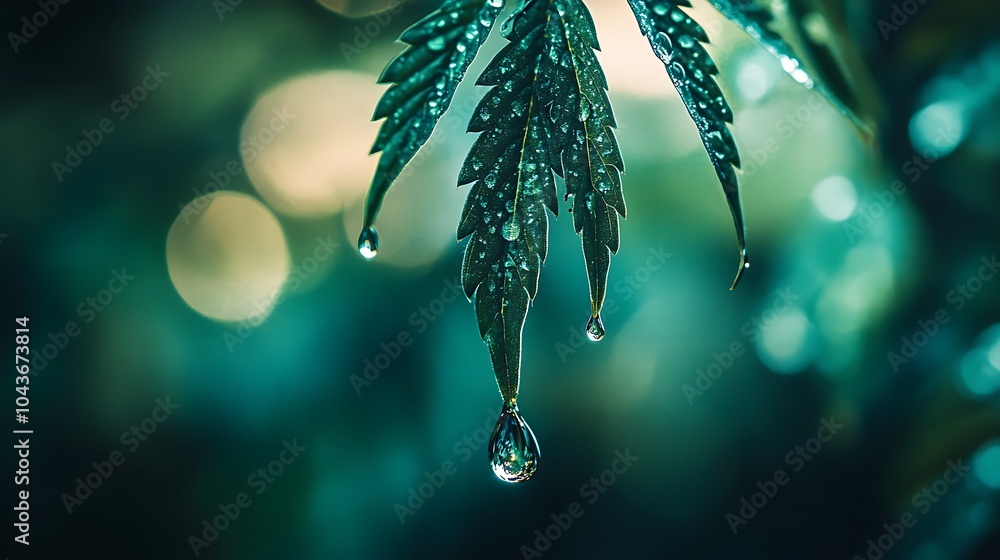 Poster a dramatic close-up photo of a single dewdrop hanging from a leaf, with a soft bokeh background and 