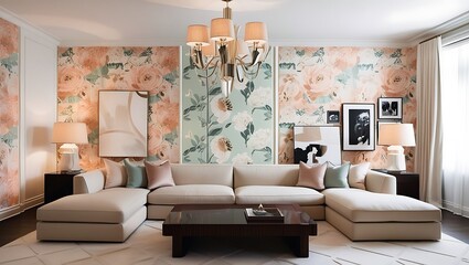 Charming living room featuring floral wallpaper and refined decor