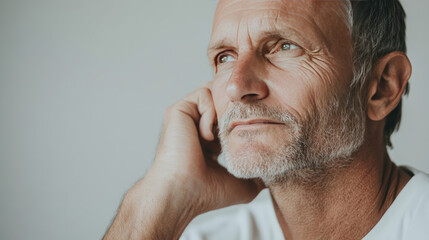Fototapeta premium Close-up side profile of a thoughtful mature man with gray hair and beard, looking away, isolated on light background 