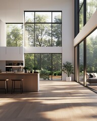 Fototapeta premium Modern Open-Concept Kitchen with Large Glass Windows Overlooking Nature, Sunlit Minimalist Interior Design for Homes, Real Estate, and Architecture, Perfect for Contemporary Living Spaces and Interior