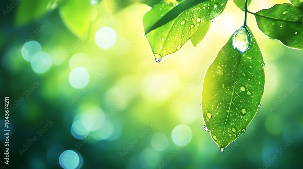 Poster a dramatic close-up photo of a single dewdrop hanging from a leaf, with a soft bokeh background and 