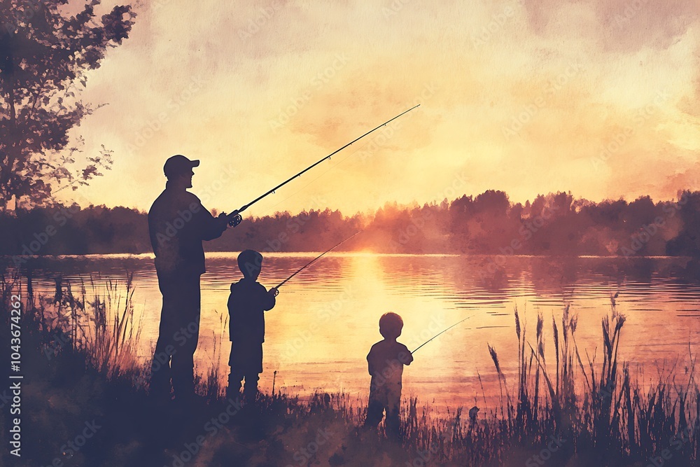 Canvas Prints Father and Sons Fishing at Sunset - Watercolor Illustration.