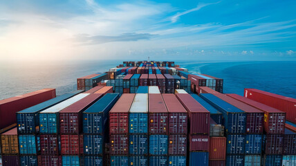 Fototapeta premium A massive container ship loaded with colorful cargo containers sails across a vast ocean under a clear blue sky.