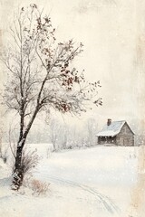 A serene winter landscape featuring a cozy cabin surrounded by snow-covered trees and a tranquil atmosphere