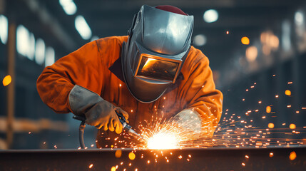 Welder in protective gear working on metal with sparks flying in an industrial setting, showcasing skill and craftsmanship.