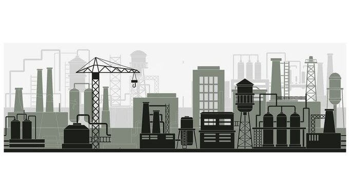 Industrial factory silhouette. Moving banner with black and white endless cityscape with factories, oil rigs, and gas extraction. Plants for production. Outline flat animated graphics