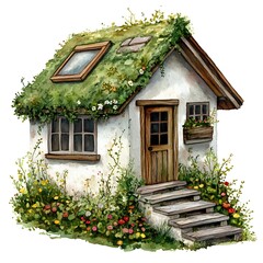 Watercolor Illustration of a Small Cottage with a Green Roof and Flowers.