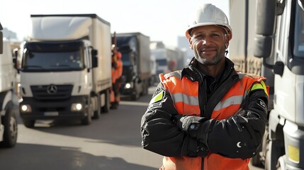A customs officer blocking trucks at a border checkpoint, border trade restriction, global commerce obstacle