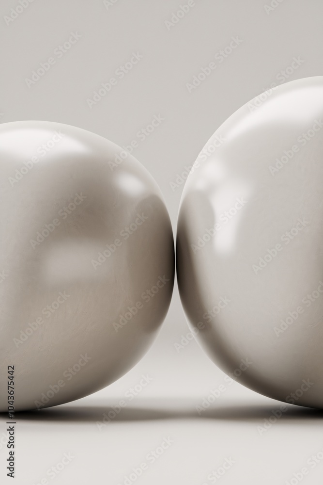 Poster perfectly balanced: two smooth, white spheres gently touch, creating a mesmerizing minimalist compos