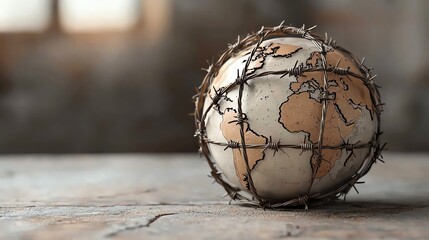 A globe surrounded by barbed wire, symbolizing restricted international trade, global economic isolation, trade restrictions concept