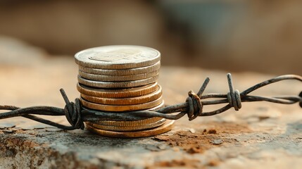 A stack of coins trapped behind a barbed wire fence, representing restricted trade, financial blockade, economic sanctions
