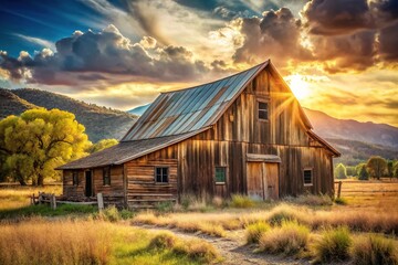 Rustic vintage barn in daylight with a long shot view