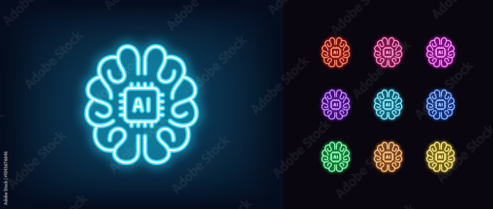 Poster outline neon ai brain icon set. glowing neon human brain with integrated ai chip, artificial intelli