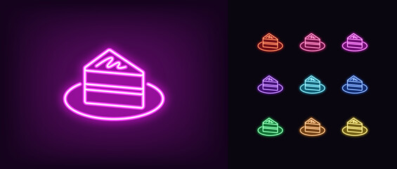 Outline neon cake piece icon set. Glowing neon cake slice with cream on plate, chocolate pie. Festive sweet dessert, birthday cake, cheesecake piece, holiday pie slice, sweet bakery. Vector icons