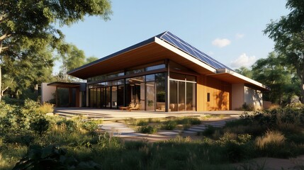Obraz premium Modern Sustainable Home with Solar Panels, Floor-to-Ceiling Glass Windows, and Eco-Friendly Design in a Natural Landscape, Ideal for Green Living, Real Estate, or Architecture Concepts