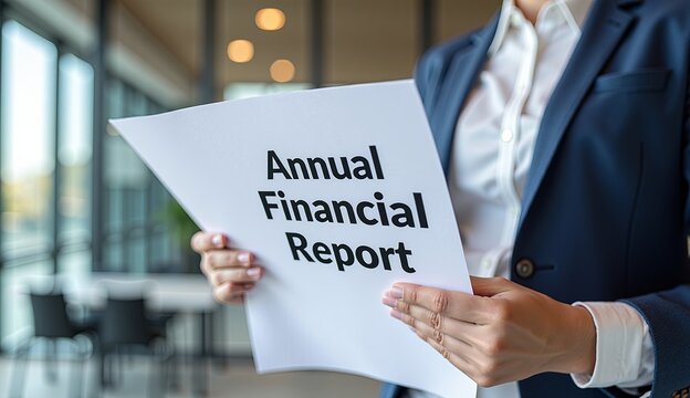 Businessperson holding an "Annual Financial Report," perfect for corporate presentations, financial blogs, investor reports, business analysis materials, or marketing content related to company perfor