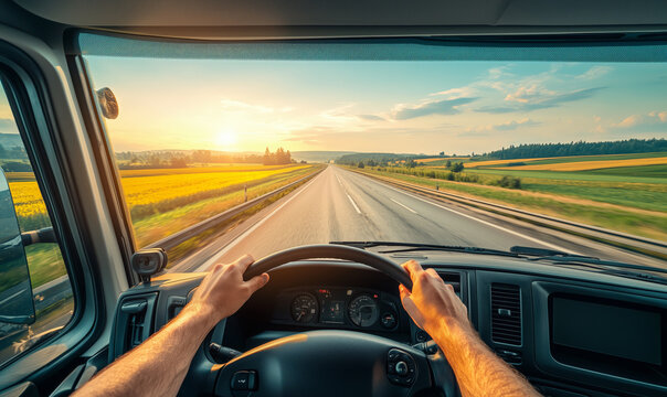 Driver's point of view from inside a truck cabin, hands on the steering wheel, looking out onto a long open highway at sunrise, surrounded by picturesque fields and a clear horizon