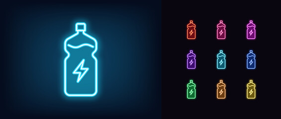 Outline neon energy drink icon set. Glowing neon water bottle with lightning icon, electrolytes drink. Hydration, liquid sport supplement, isotonic, health energy and electrolyte balance. Vector icons