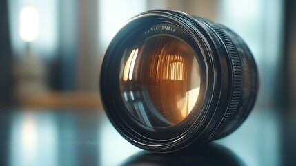 A realistic close-up of a vintage camera lens, the glass reflecting soft light in a dramatic composition, with a smooth bokeh background blurring out distant objects